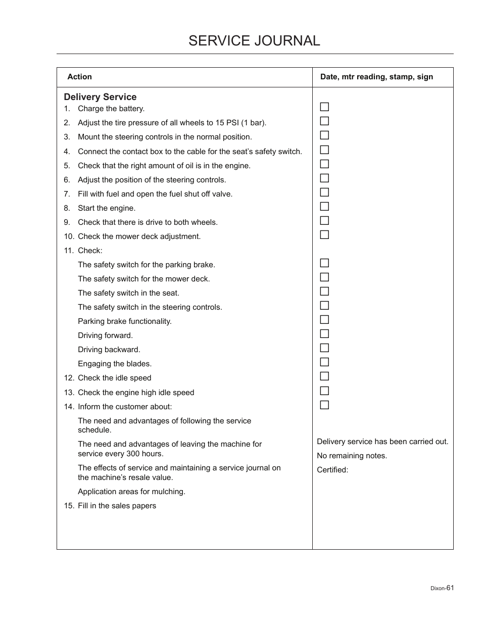 Service journal | Dixon Kodiak 965884601 User Manual | Page 61 / 72