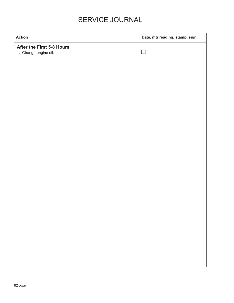 Service journal | Dixon Kodiak 965884601 User Manual | Page 62 / 72