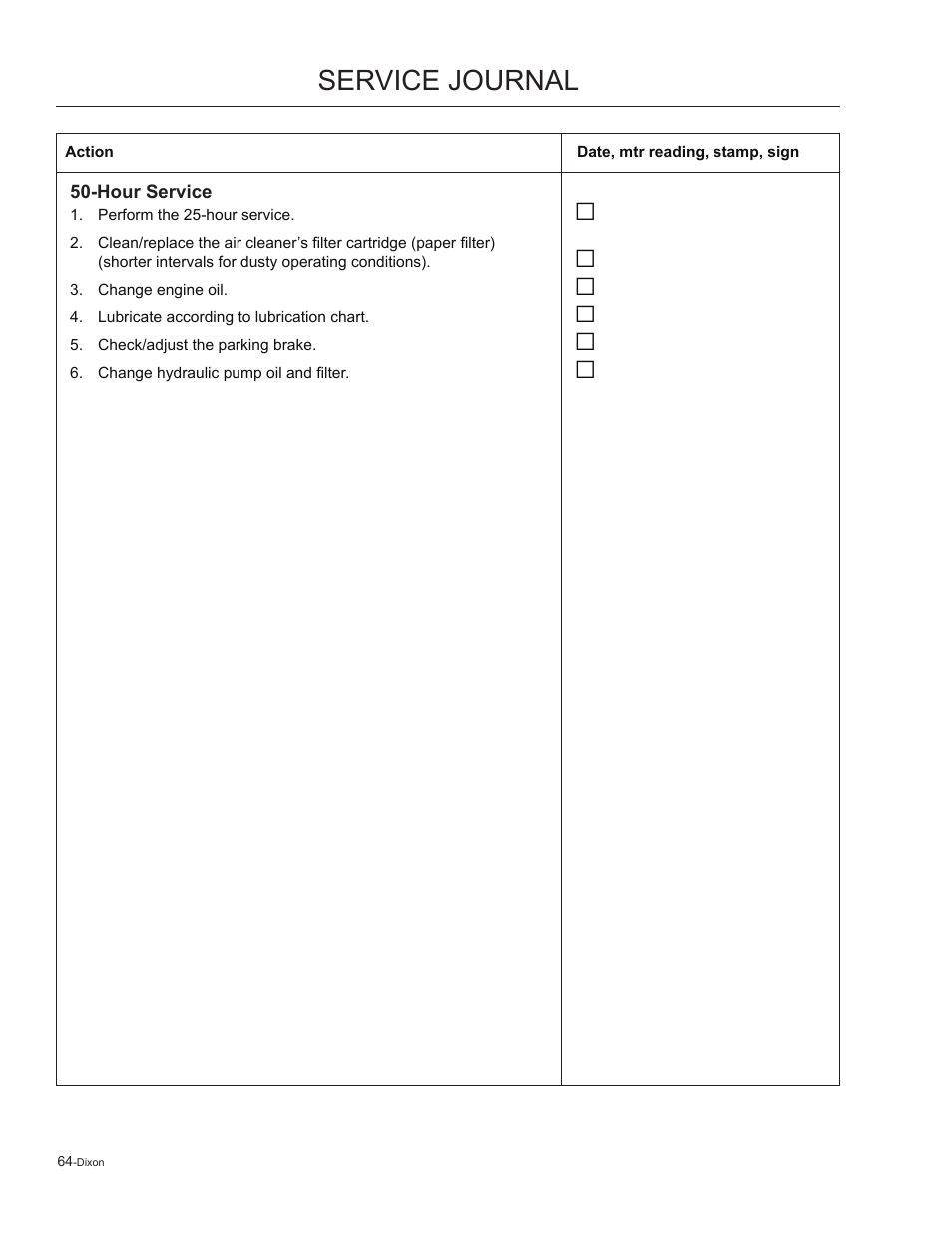 Service journal | Dixon Kodiak 965884601 User Manual | Page 64 / 72