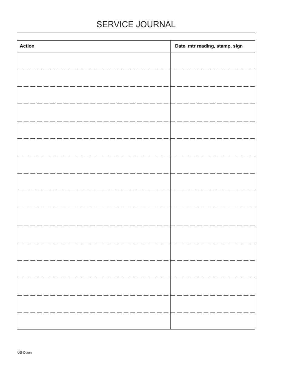 Service journal | Dixon Kodiak 965884601 User Manual | Page 68 / 72