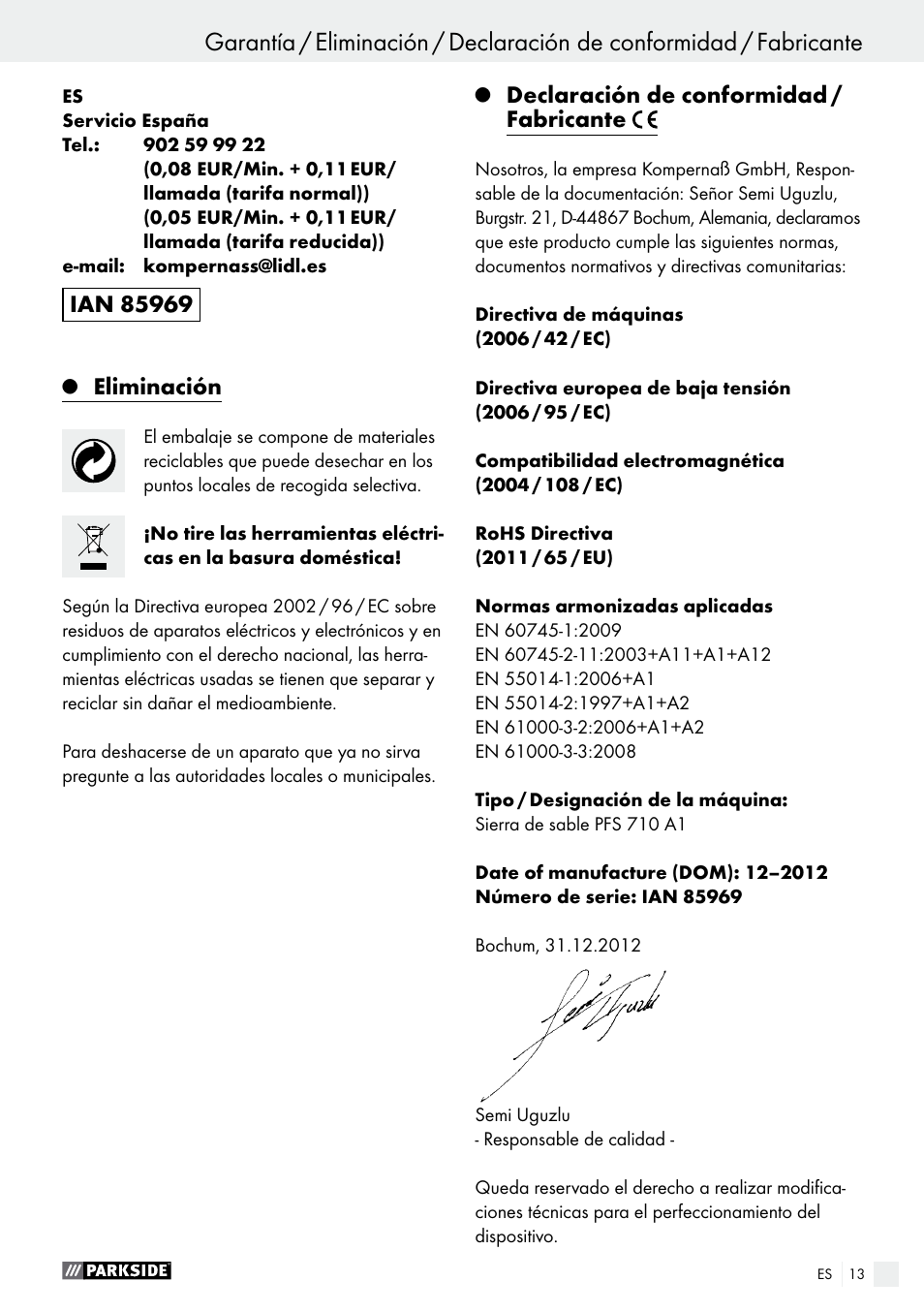 Eliminación, Declaración de conformidad / fabricante | Parkside PFS 710 A1 User Manual | Page 13 / 54