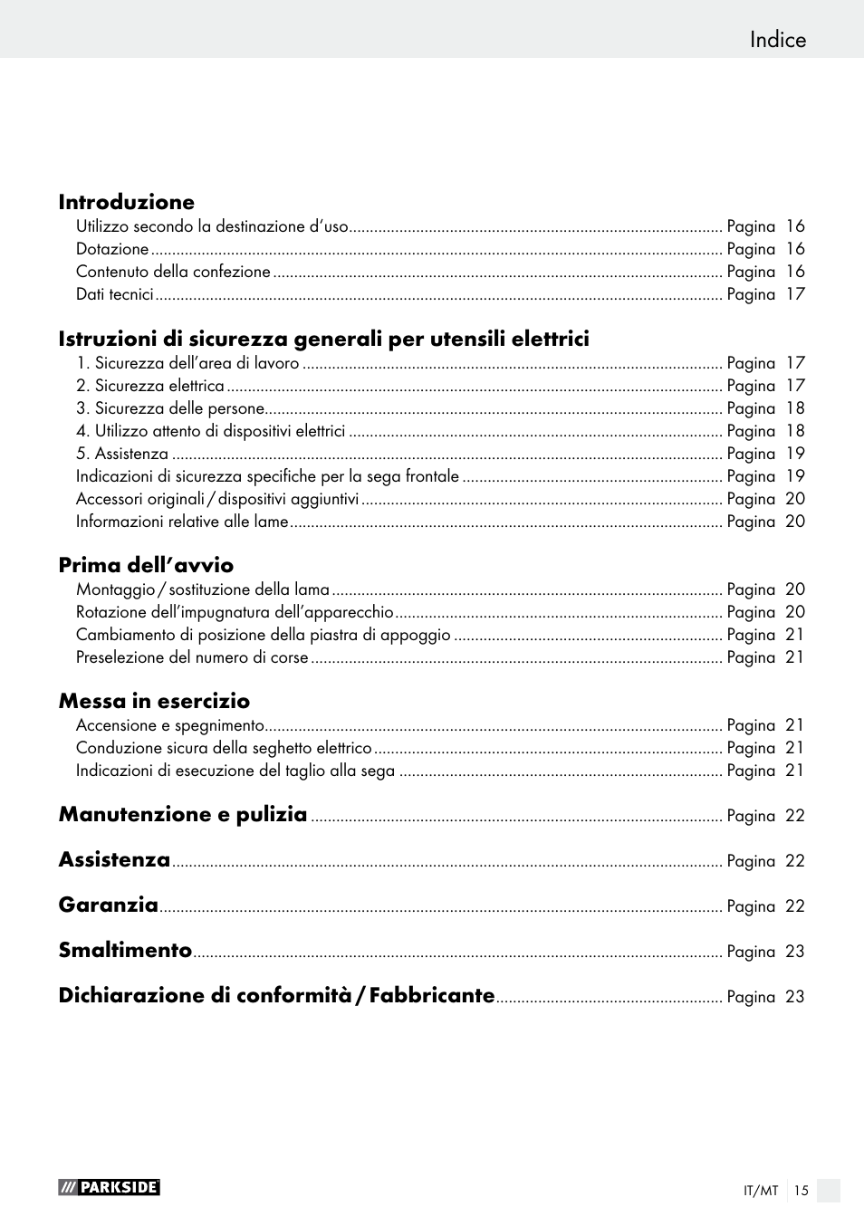 Indice | Parkside PFS 710 A1 User Manual | Page 15 / 54