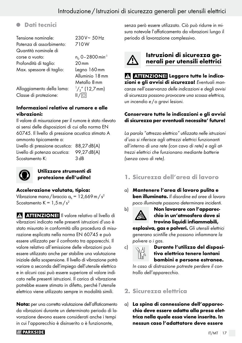 Dati tecnici, Sicurezza dell’area di lavoro, Sicurezza elettrica | Parkside PFS 710 A1 User Manual | Page 17 / 54