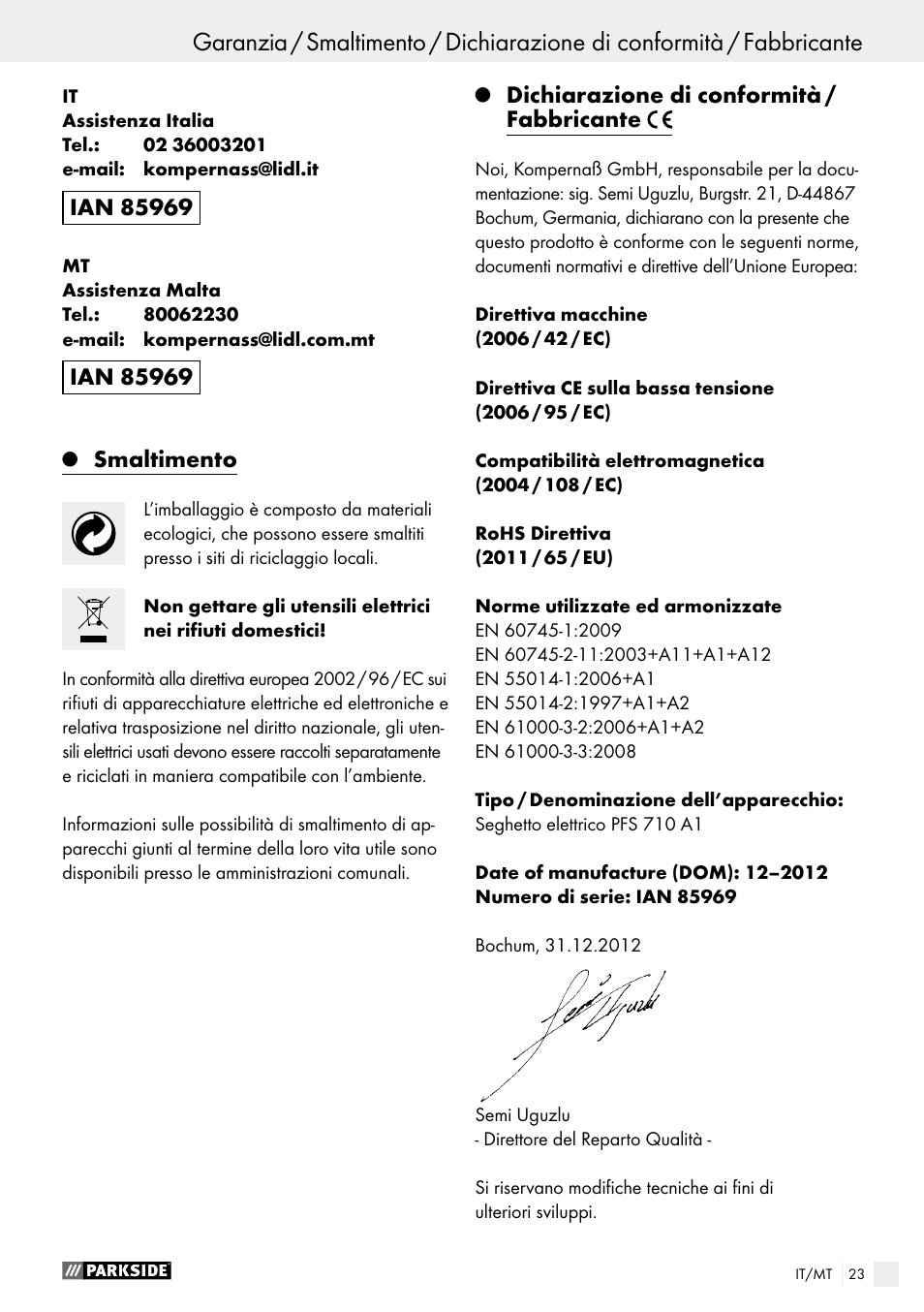 Smaltimento, Dichiarazione di conformità / fabbricante | Parkside PFS 710 A1 User Manual | Page 23 / 54