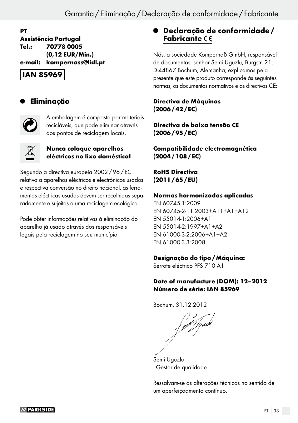 Eliminação, Declaração de conformidade / fabricante | Parkside PFS 710 A1 User Manual | Page 33 / 54