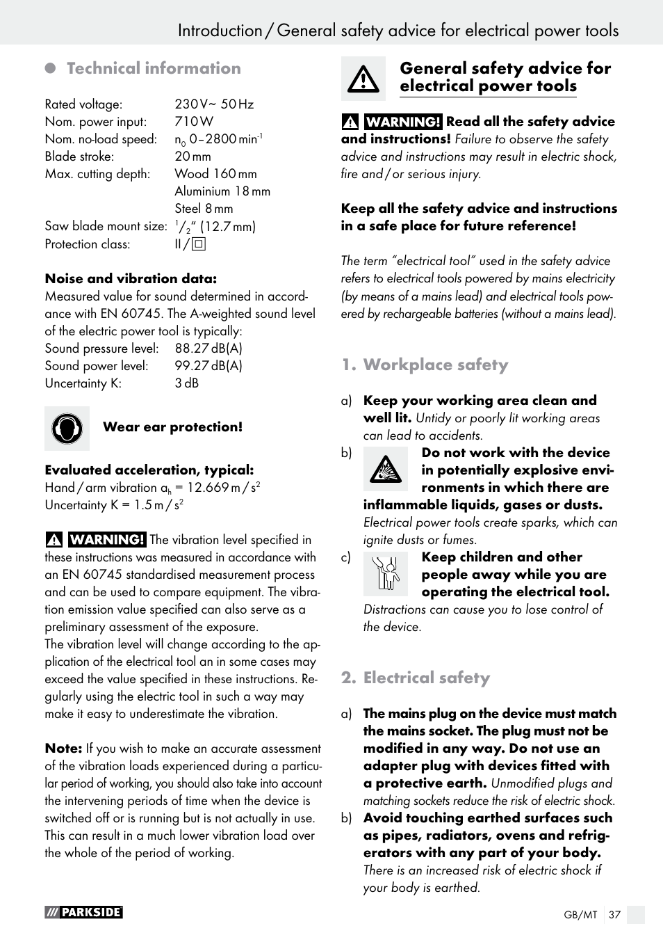 Technical information, General safety advice for electrical power tools, Workplace safety | Electrical safety | Parkside PFS 710 A1 User Manual | Page 37 / 54