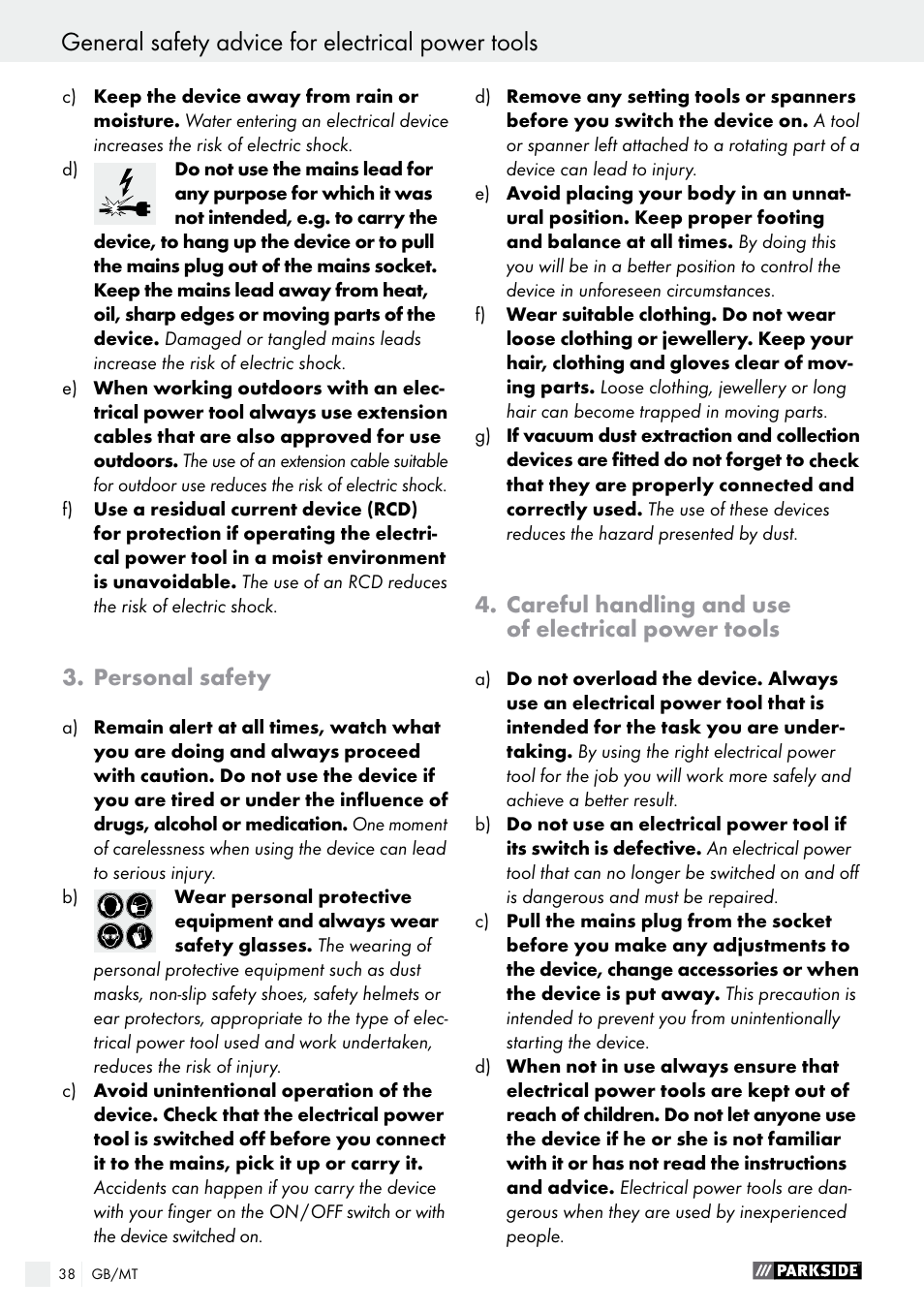 General safety advice for electrical power tools, Personal safety, Careful handling and use of electrical power tools | Parkside PFS 710 A1 User Manual | Page 38 / 54