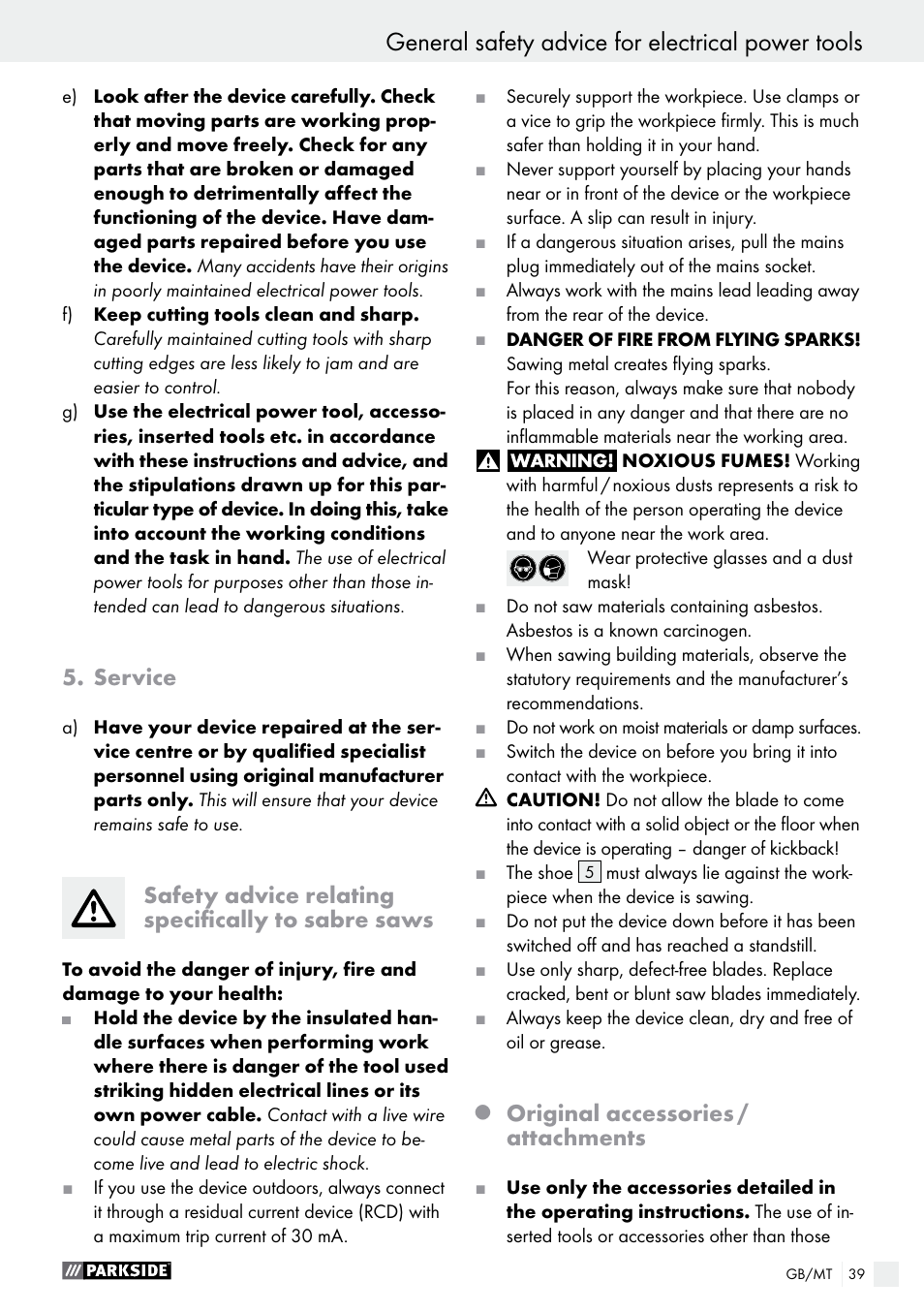 General safety advice for electrical power tools, Service, Safety advice relating specifically to sabre saws | Original accessories / attachments | Parkside PFS 710 A1 User Manual | Page 39 / 54