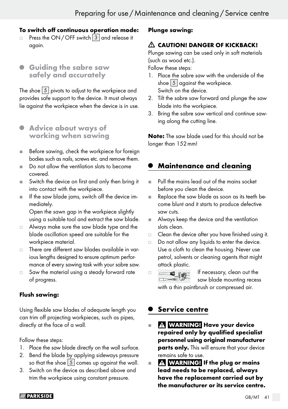 Guiding the sabre saw safely and accurately, Advice about ways of working when sawing, Maintenance and cleaning | Service centre | Parkside PFS 710 A1 User Manual | Page 41 / 54