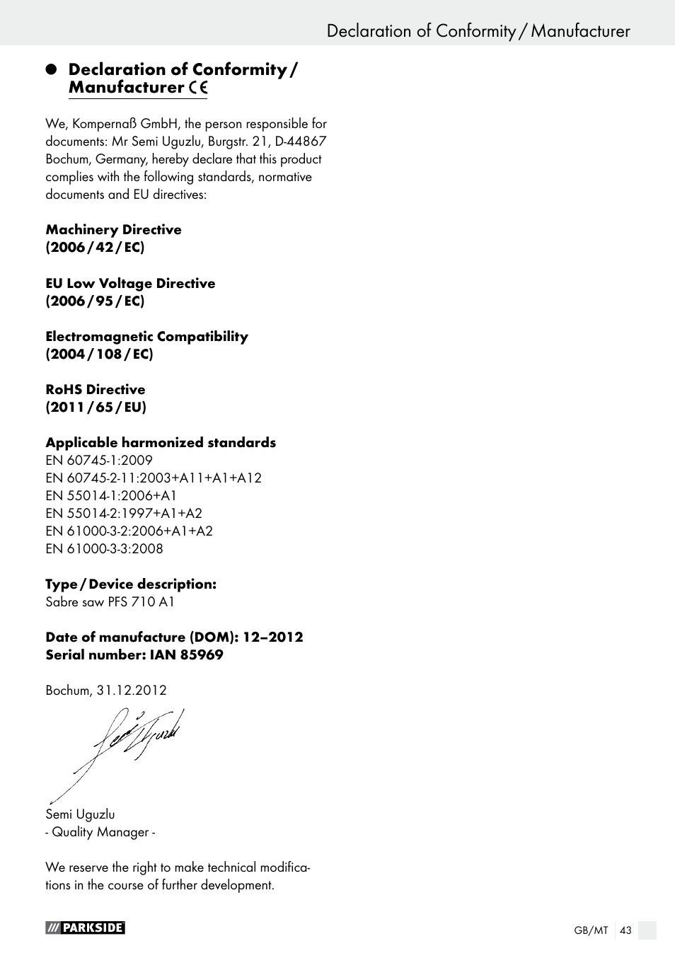 Declaration of conformity / manufacturer, Service centre / warranty / disposal | Parkside PFS 710 A1 User Manual | Page 43 / 54