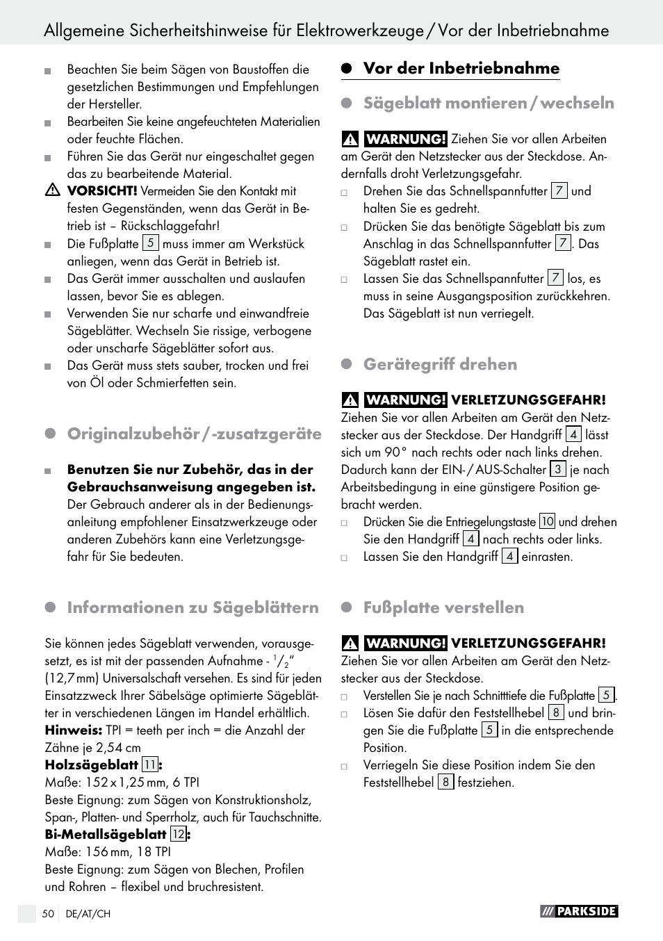 Originalzubehör / -zusatzgeräte, Informationen zu sägeblättern, Vor der inbetriebnahme | Sägeblatt montieren / wechseln, Gerätegriff drehen, Fußplatte verstellen | Parkside PFS 710 A1 User Manual | Page 50 / 54