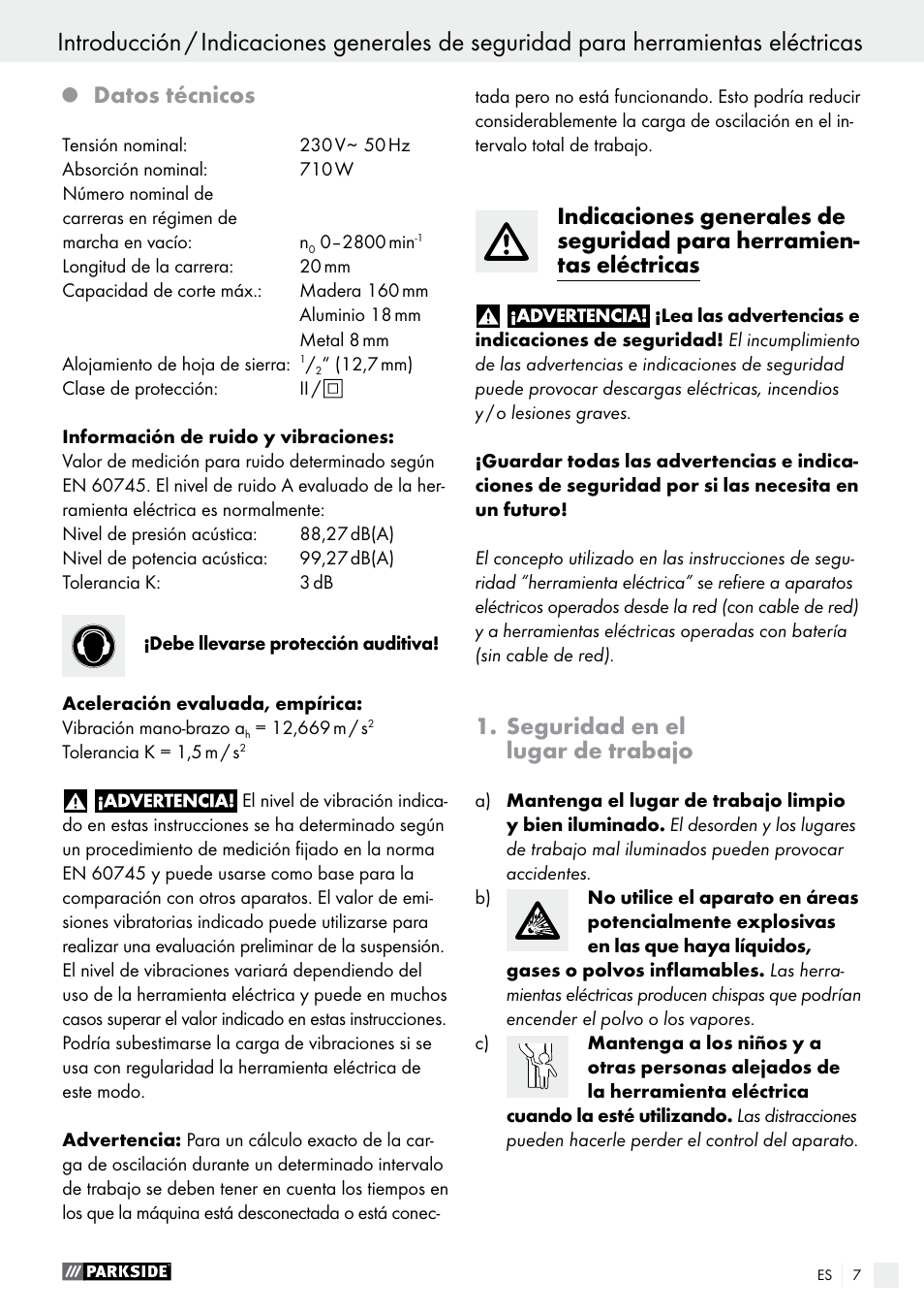 Datos técnicos, Seguridad en el lugar de trabajo | Parkside PFS 710 A1 User Manual | Page 7 / 54