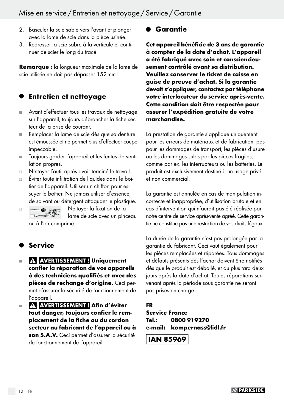 Entretien et nettoyage, Service, Garantie | Parkside PFS 710 A1 User Manual | Page 12 / 34