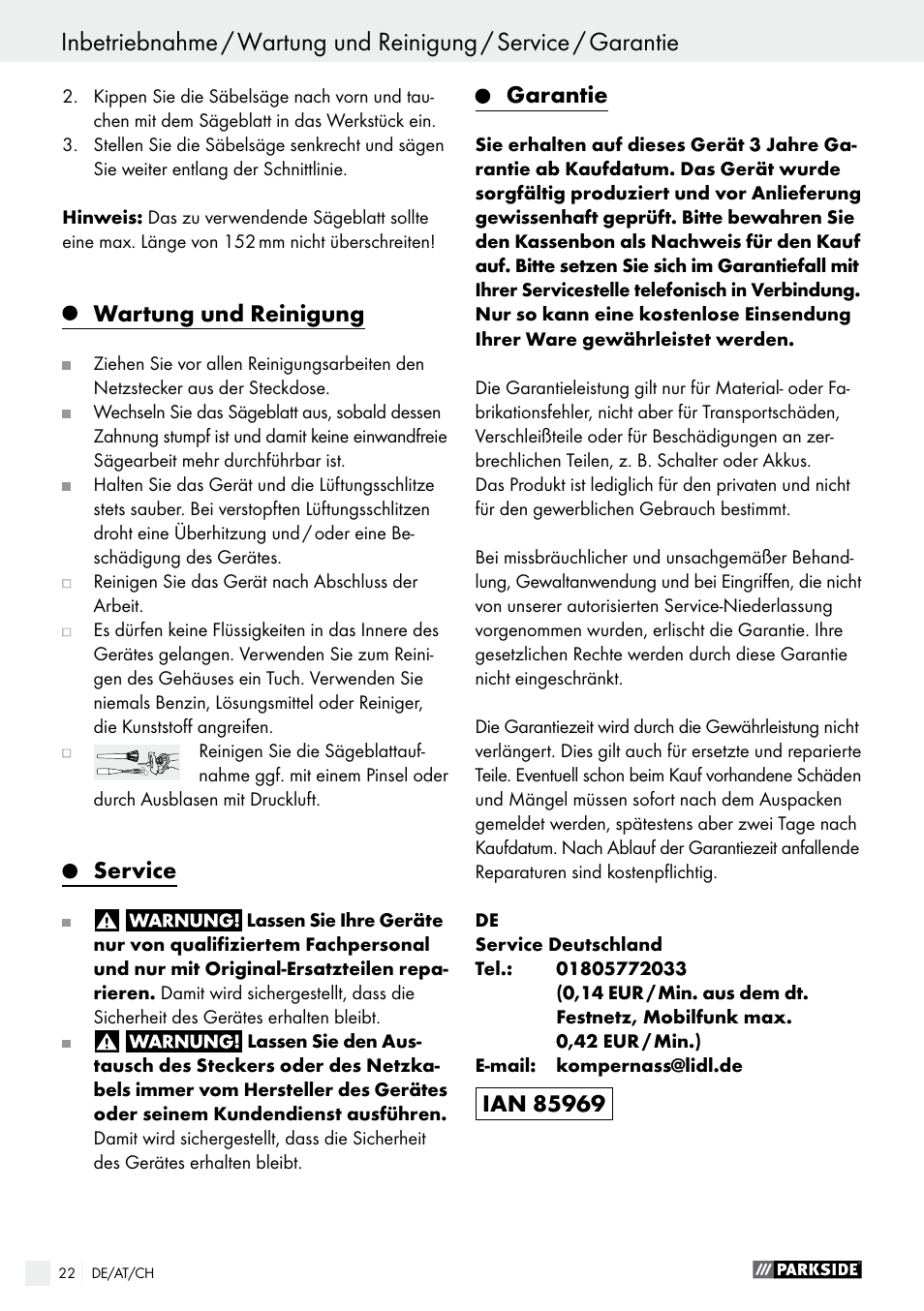 Wartung und reinigung, Service, Garantie | Parkside PFS 710 A1 User Manual | Page 22 / 34