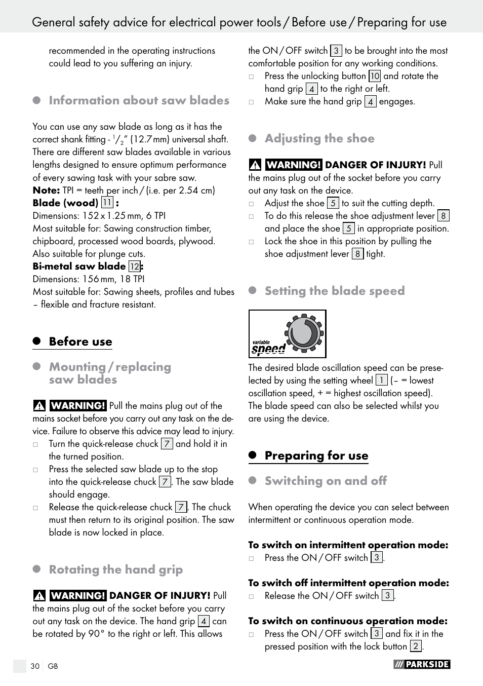 Information about saw blades, Before use, Mounting / replacing saw blades | Rotating the hand grip, Adjusting the shoe, Setting the blade speed, Preparing for use, Switching on and off | Parkside PFS 710 A1 User Manual | Page 30 / 34