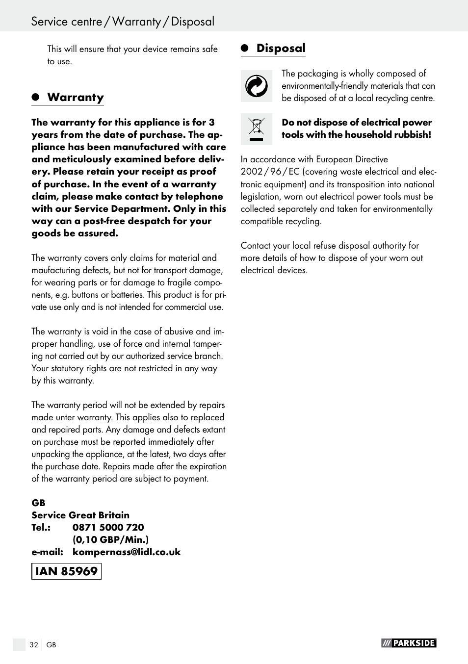 Warranty, Disposal | Parkside PFS 710 A1 User Manual | Page 32 / 34