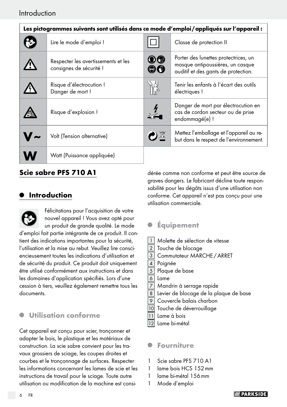 Scie sabre pfs 710 a1, Introduction, Utilisation conforme | Équipement, Fourniture | Parkside PFS 710 A1 User Manual | Page 6 / 34