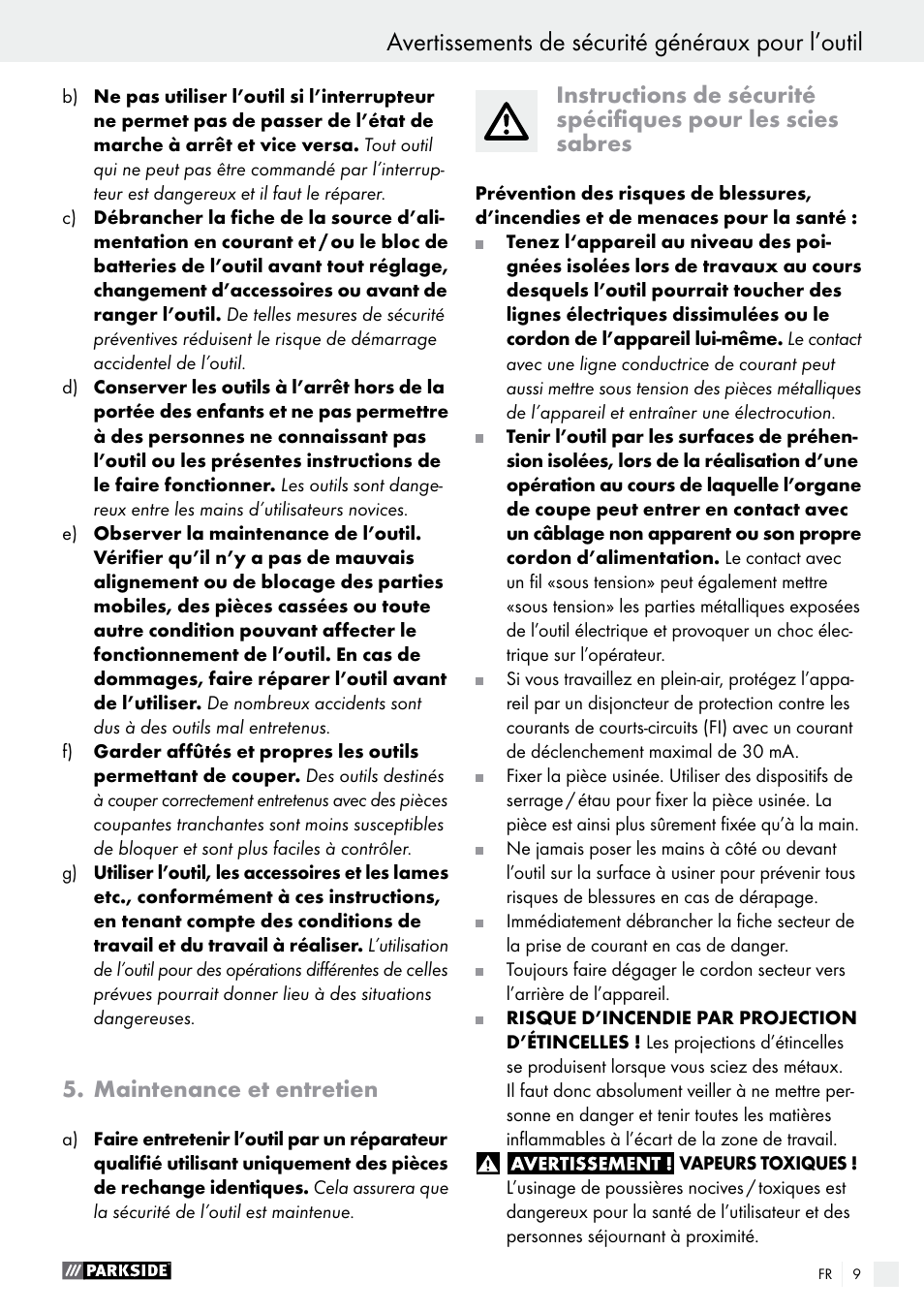 Avertissements de sécurité généraux pour l’outil, Maintenance et entretien | Parkside PFS 710 A1 User Manual | Page 9 / 34