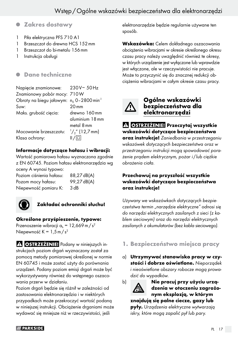 Zakres dostawy, Dane techniczne, Bezpieczeństwo miejsca pracy | Parkside PFS 710 A1 User Manual | Page 17 / 76