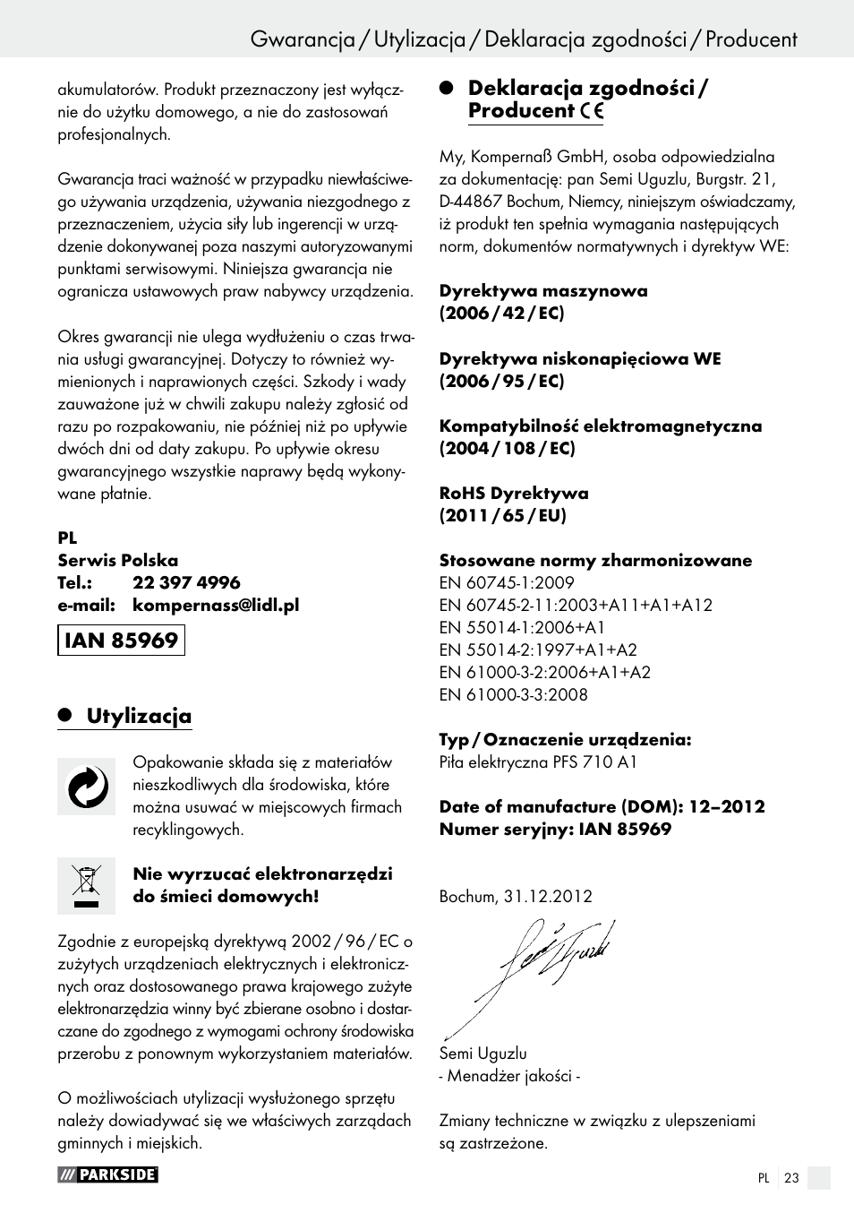 Utylizacja, Deklaracja zgodności / producent | Parkside PFS 710 A1 User Manual | Page 23 / 76