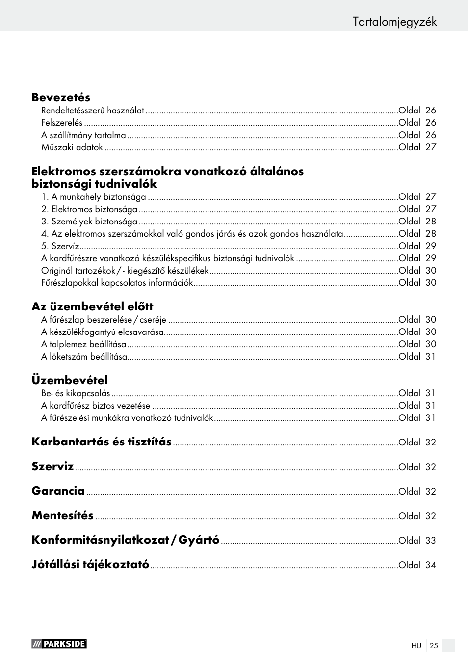 Tartalomjegyzék | Parkside PFS 710 A1 User Manual | Page 25 / 76