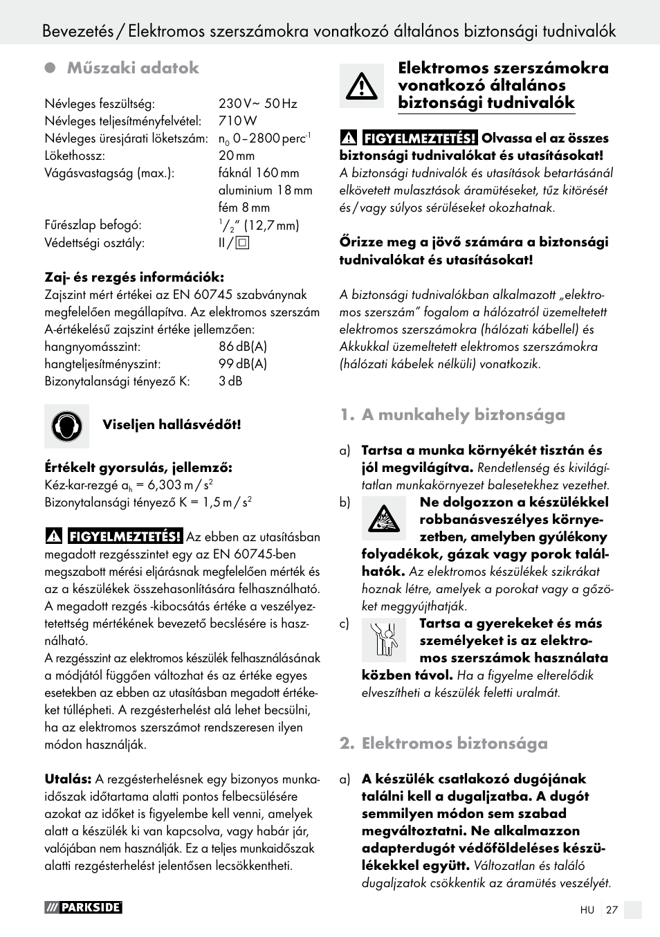 Műszaki adatok, A munkahely biztonsága, Elektromos biztonsága | Parkside PFS 710 A1 User Manual | Page 27 / 76