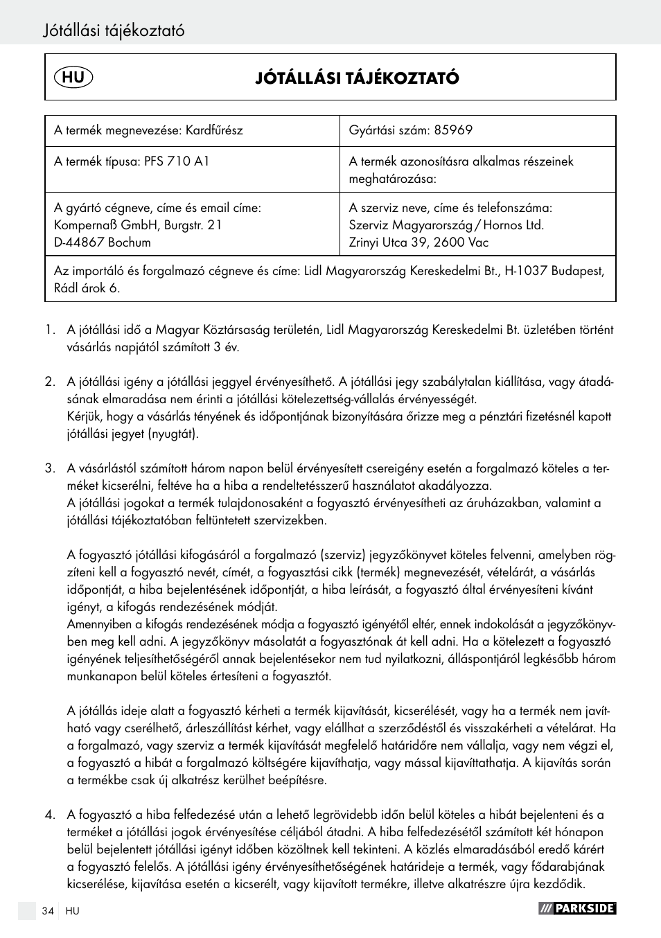 Jótállási tájékoztató | Parkside PFS 710 A1 User Manual | Page 34 / 76