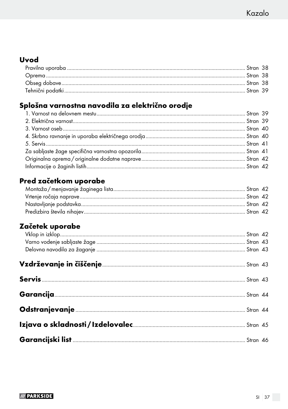 Kazalo | Parkside PFS 710 A1 User Manual | Page 37 / 76