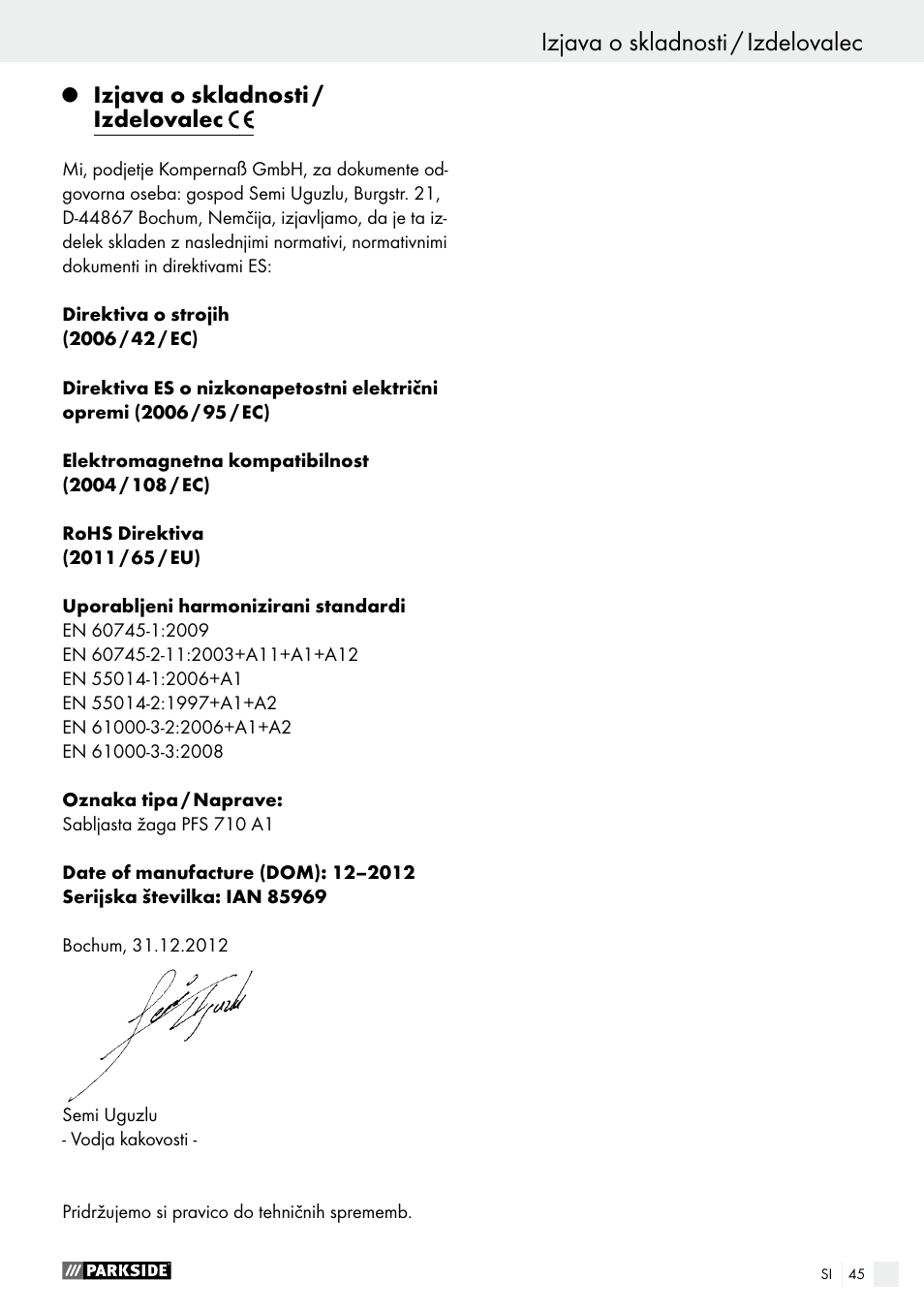 Izjava o skladnosti / izdelovalec | Parkside PFS 710 A1 User Manual | Page 45 / 76