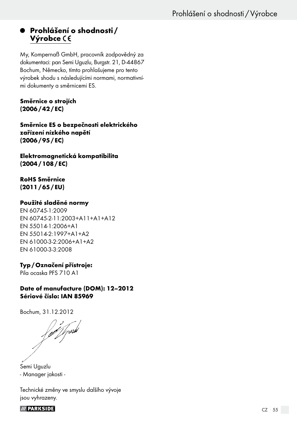 Prohlášení o shodnosti / výrobce | Parkside PFS 710 A1 User Manual | Page 55 / 76