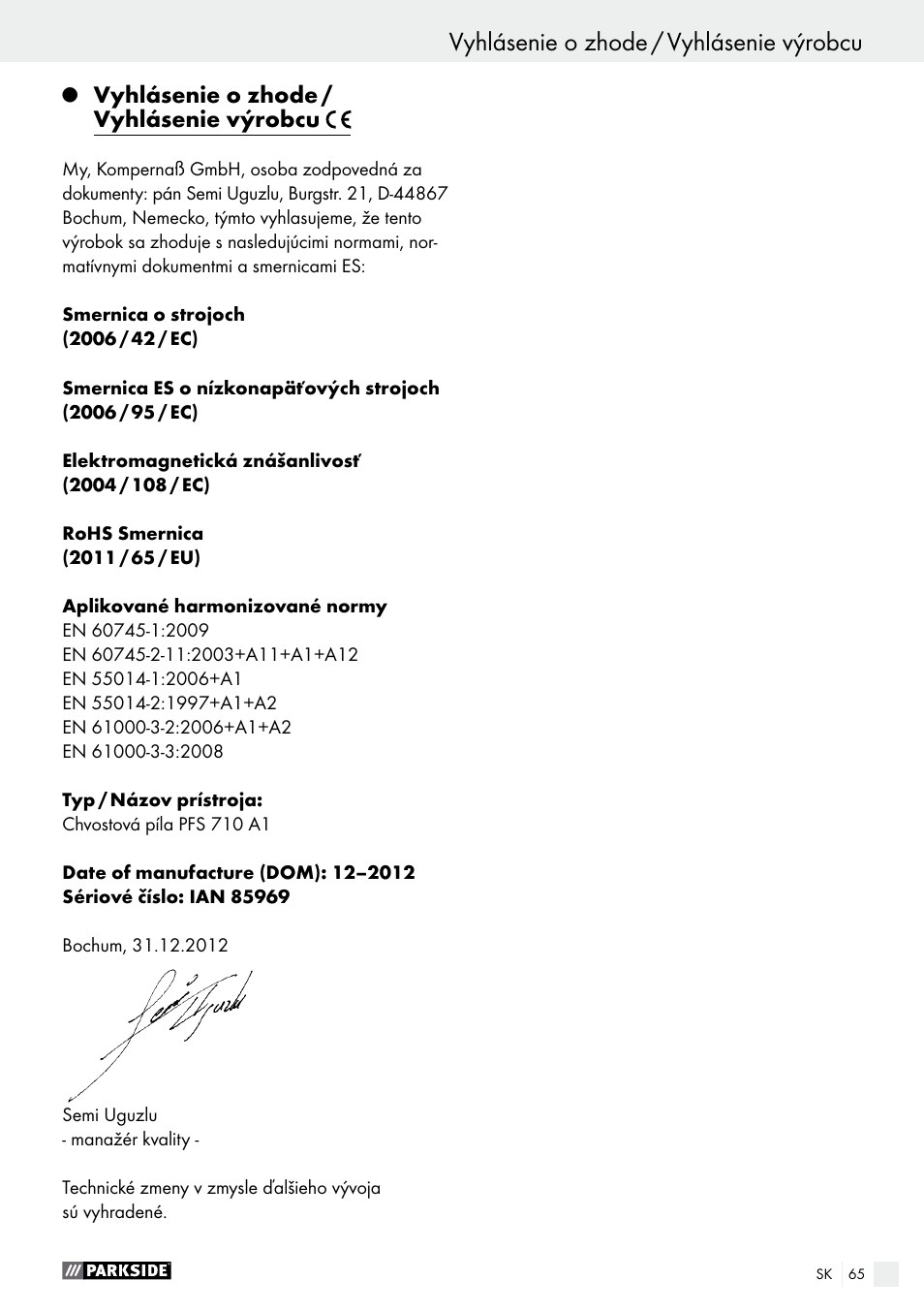 Vyhlásenie o zhode / vyhlásenie výrobcu | Parkside PFS 710 A1 User Manual | Page 65 / 76