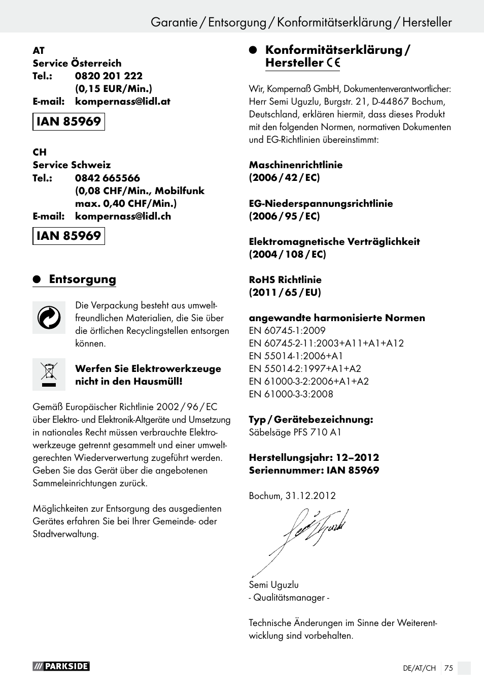 Parkside PFS 710 A1 User Manual | Page 75 / 76