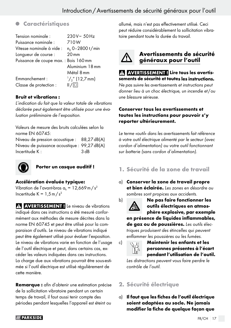 Caractéristiques, Avertissements de sécurité généraux pour l’outil, Sécurité de la zone de travail | Sécurité électrique | Parkside PFS 710 A1 User Manual | Page 17 / 44