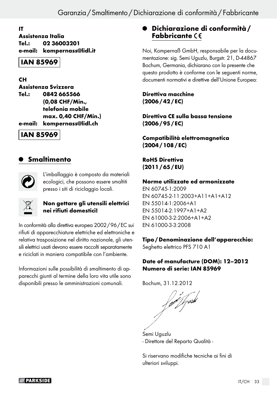 Smaltimento, Dichiarazione di conformità / fabbricante | Parkside PFS 710 A1 User Manual | Page 33 / 44