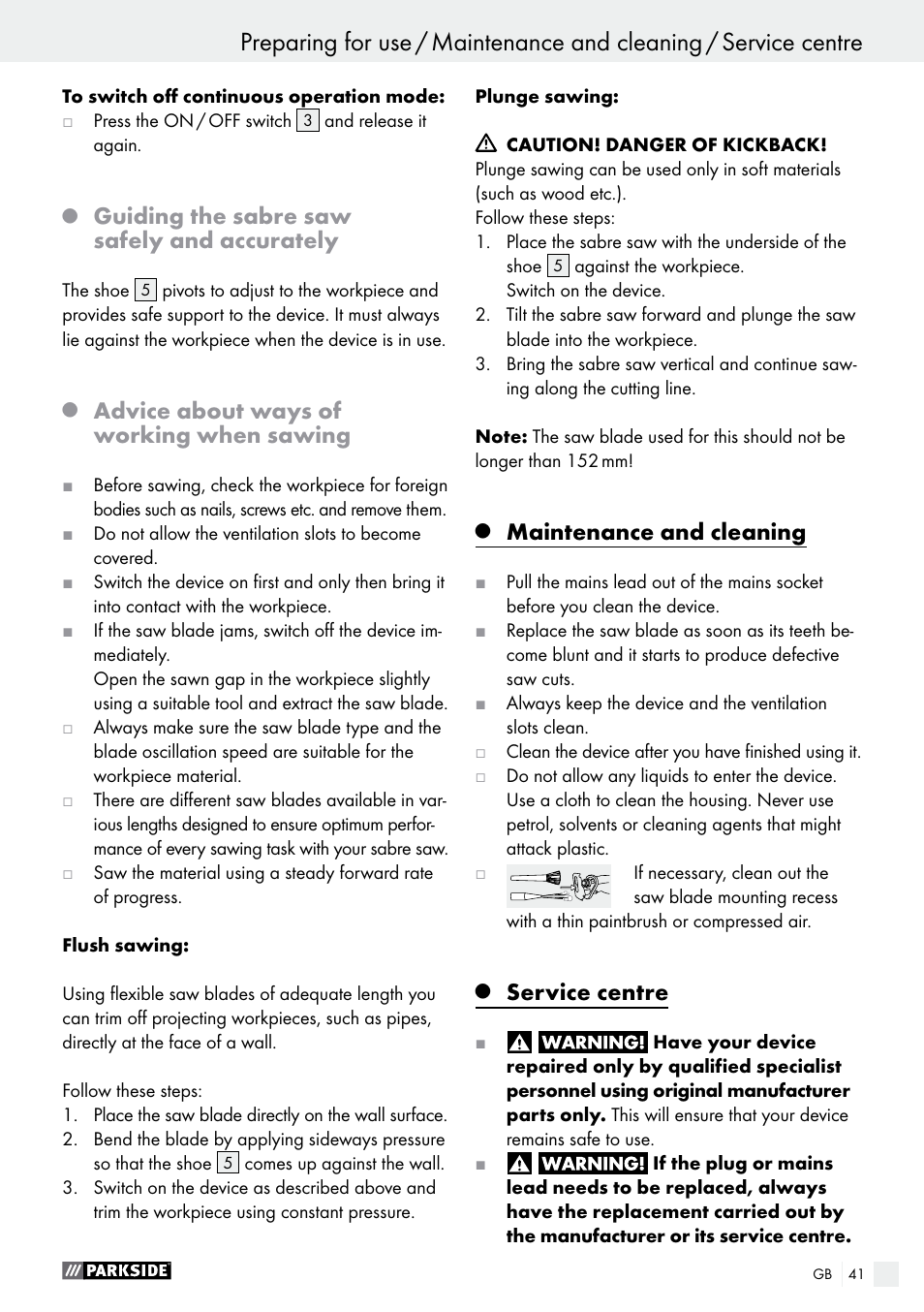 Guiding the sabre saw safely and accurately, Advice about ways of working when sawing, Maintenance and cleaning | Service centre | Parkside PFS 710 A1 User Manual | Page 41 / 44
