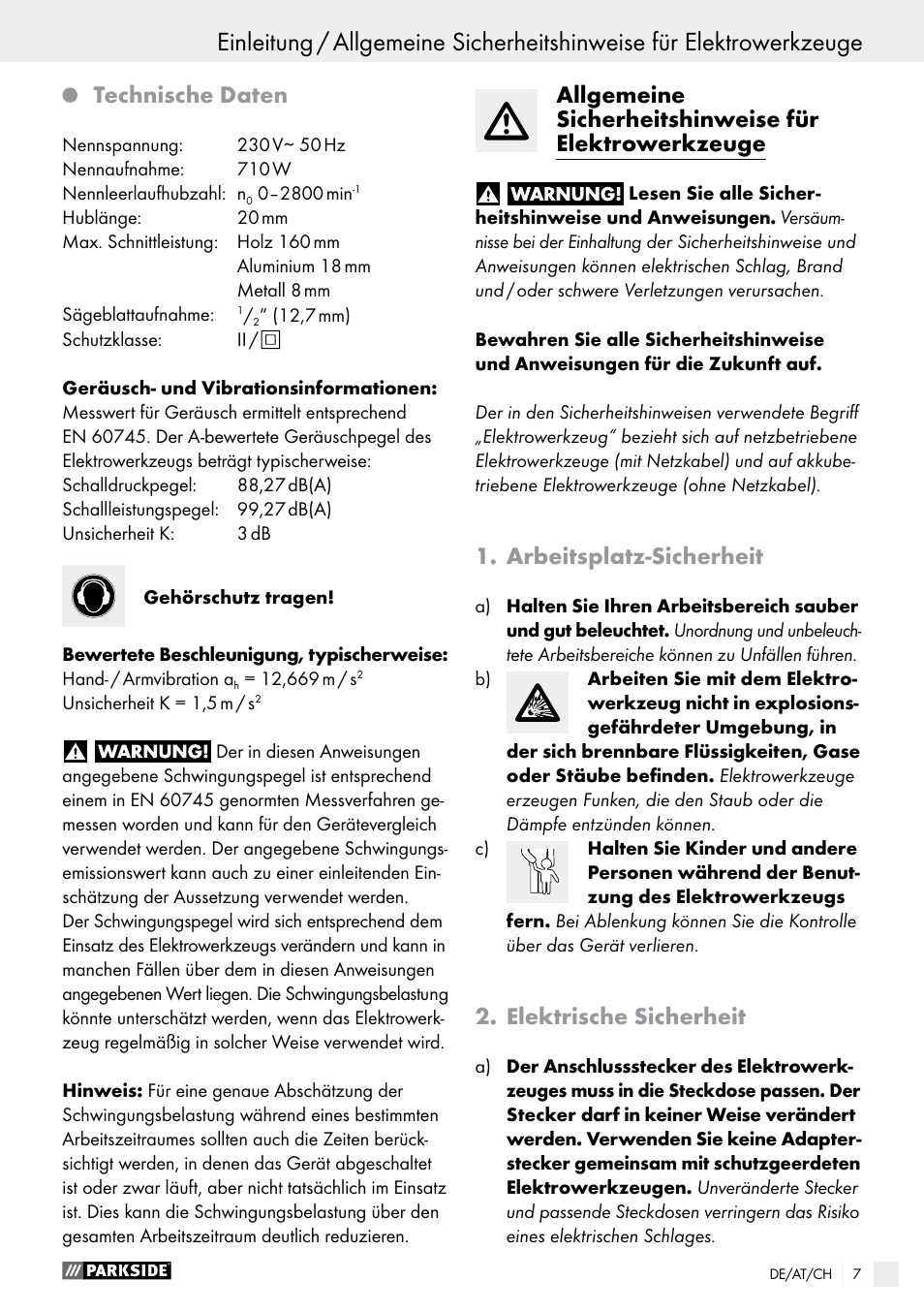 Technische daten, Arbeitsplatz-sicherheit, Elektrische sicherheit | Parkside PFS 710 A1 User Manual | Page 7 / 44