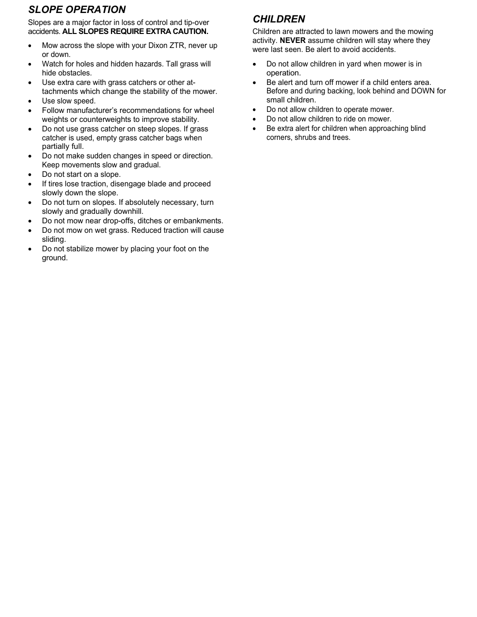 Slope operation, Children | Dixon ZTR Mowers User Manual | Page 4 / 11