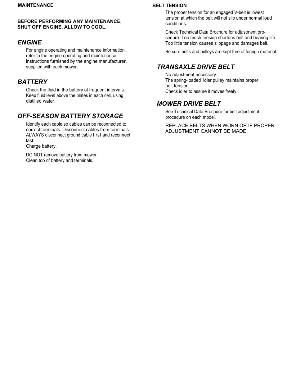 Engine, Battery, Off-season battery storage | Transaxle drive belt, Mower drive belt | Dixon ZTR Mowers User Manual | Page 8 / 11