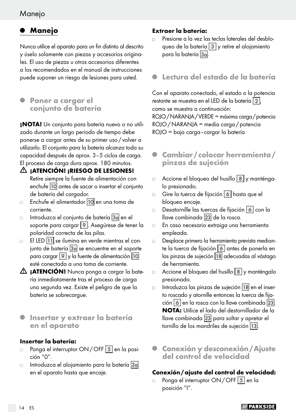 Manejo, Poner a cargar el conjunto de batería, Insertar y extraer la batería en el aparato | Lectura del estado de la batería, Cambiar / colocar herramienta / pinzas de sujeción | Parkside PFBS 9.6 A1 User Manual | Page 14 / 74