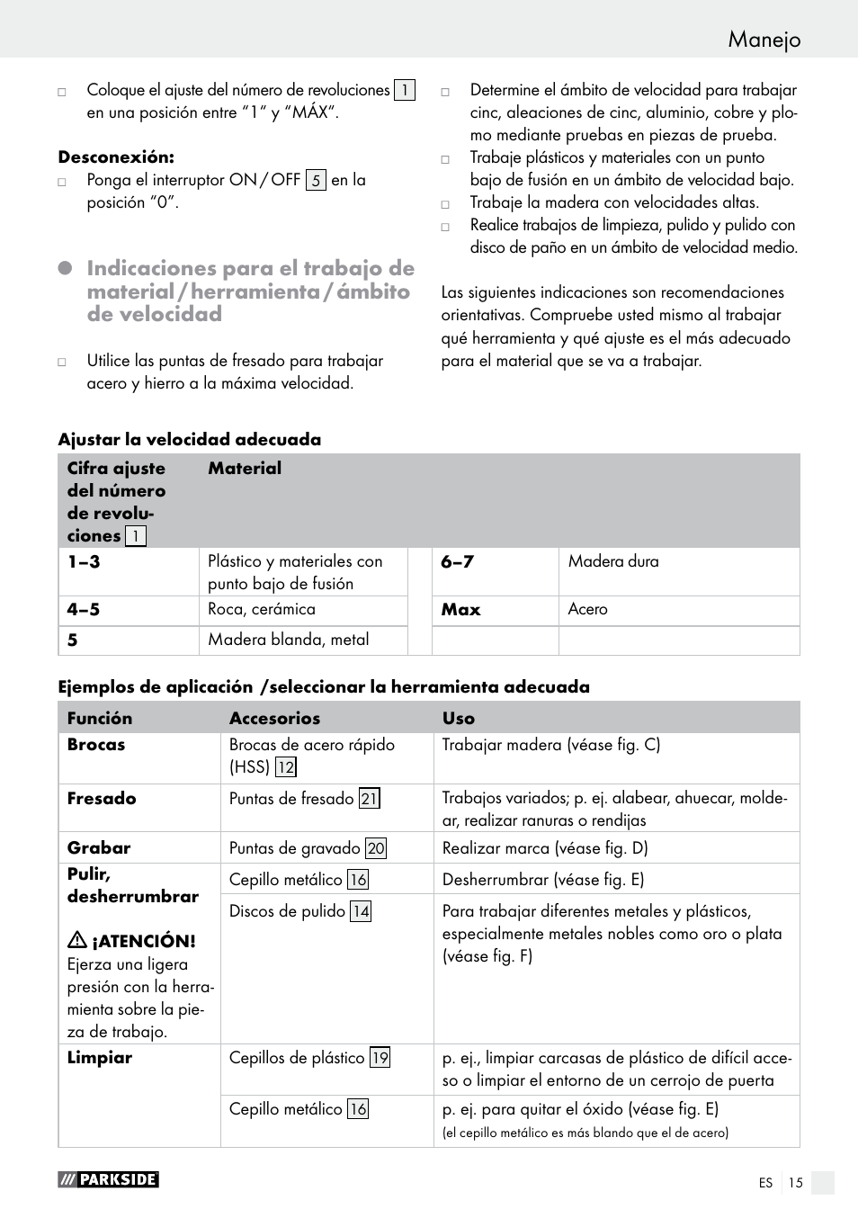 Manejo | Parkside PFBS 9.6 A1 User Manual | Page 15 / 74