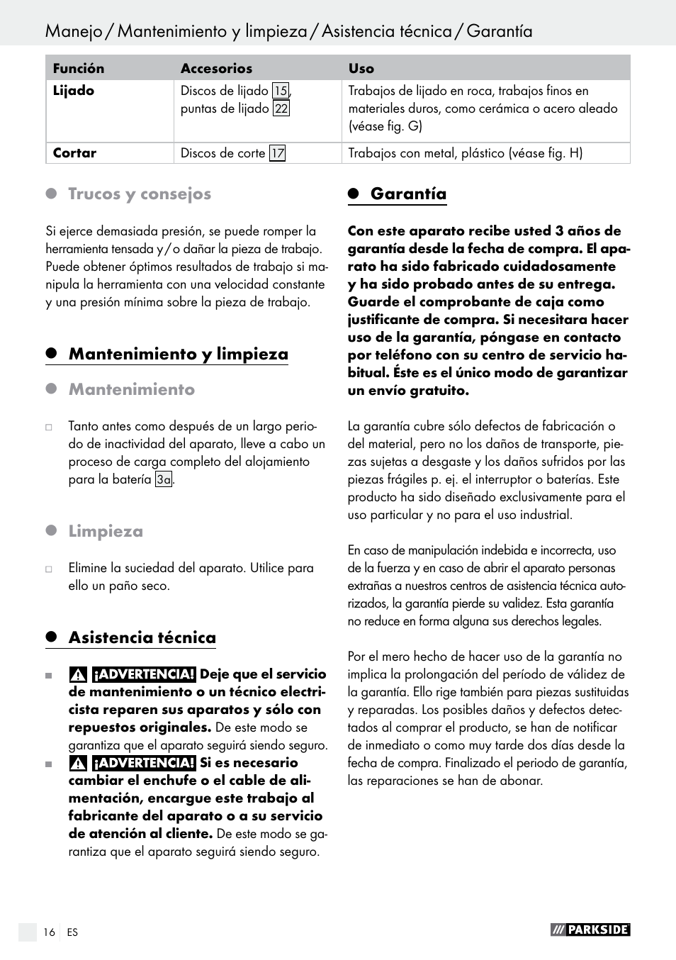 Trucos y consejos, Mantenimiento y limpieza, Mantenimiento | Limpieza, Asistencia técnica, Garantía | Parkside PFBS 9.6 A1 User Manual | Page 16 / 74
