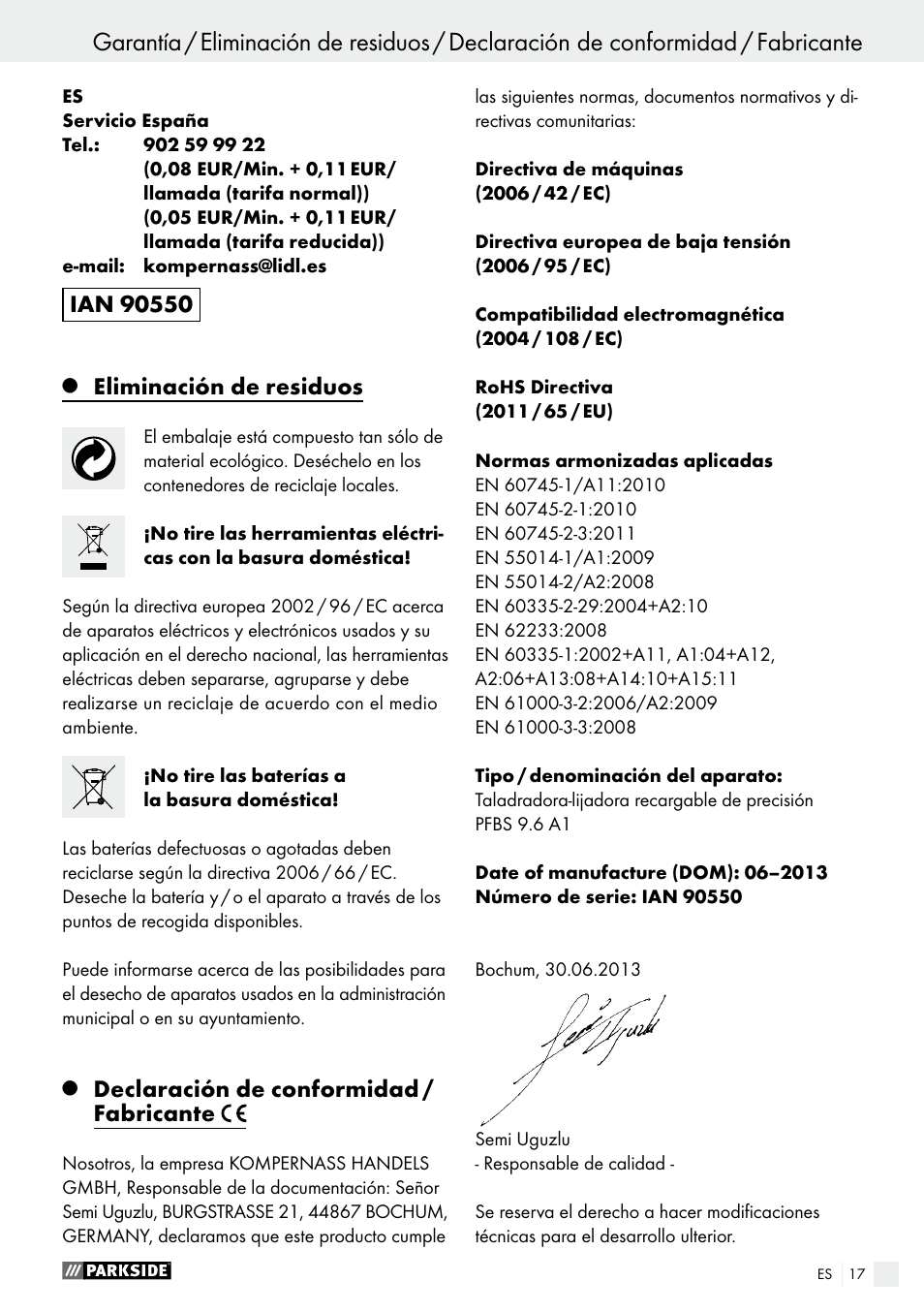 Eliminación de residuos, Declaración de conformidad / fabricante | Parkside PFBS 9.6 A1 User Manual | Page 17 / 74