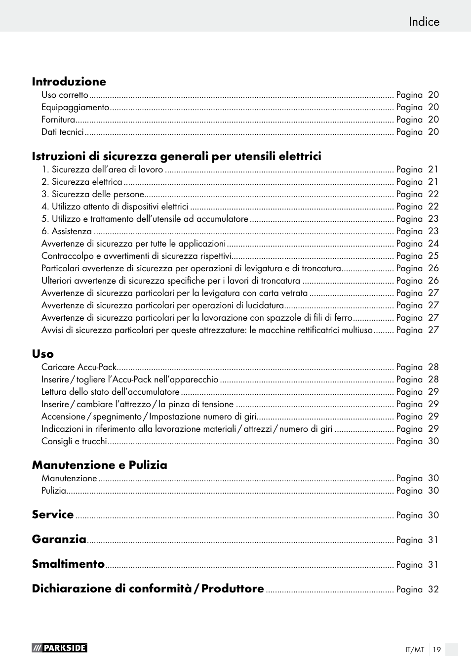 Indice | Parkside PFBS 9.6 A1 User Manual | Page 19 / 74