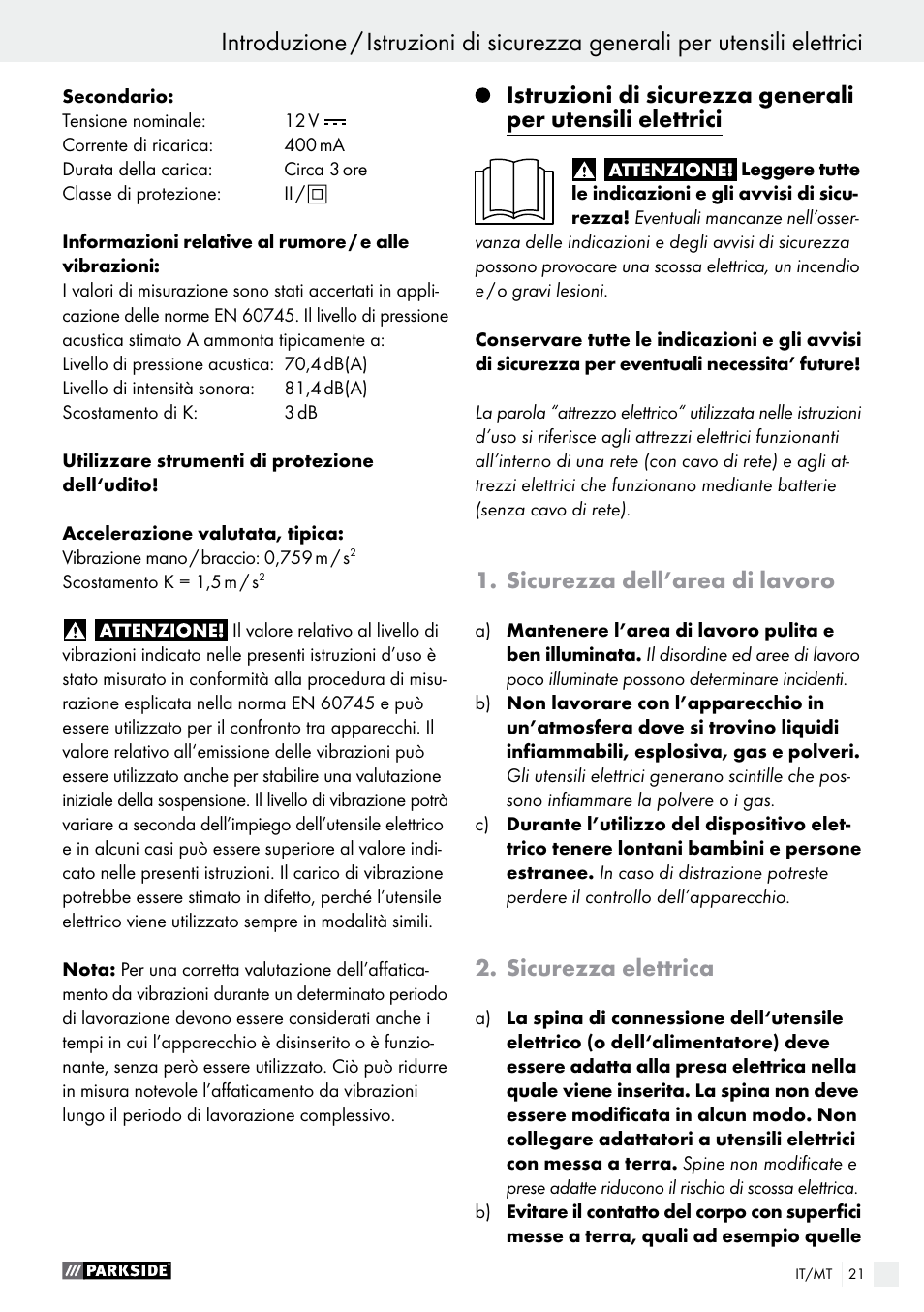 Sicurezza dell’area di lavoro, Sicurezza elettrica | Parkside PFBS 9.6 A1 User Manual | Page 21 / 74