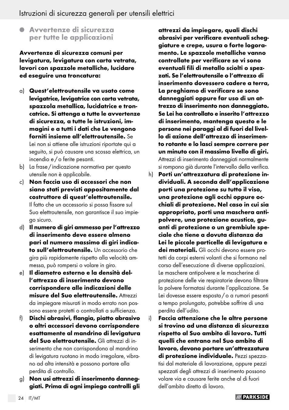 Avvertenze di sicurezza per tutte le applicazioni | Parkside PFBS 9.6 A1 User Manual | Page 24 / 74