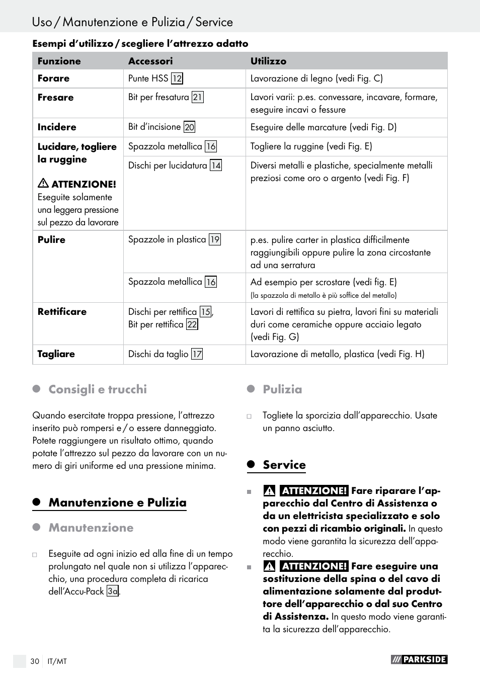 Consigli e trucchi, Manutenzione e pulizia, Manutenzione | Pulizia, Service | Parkside PFBS 9.6 A1 User Manual | Page 30 / 74