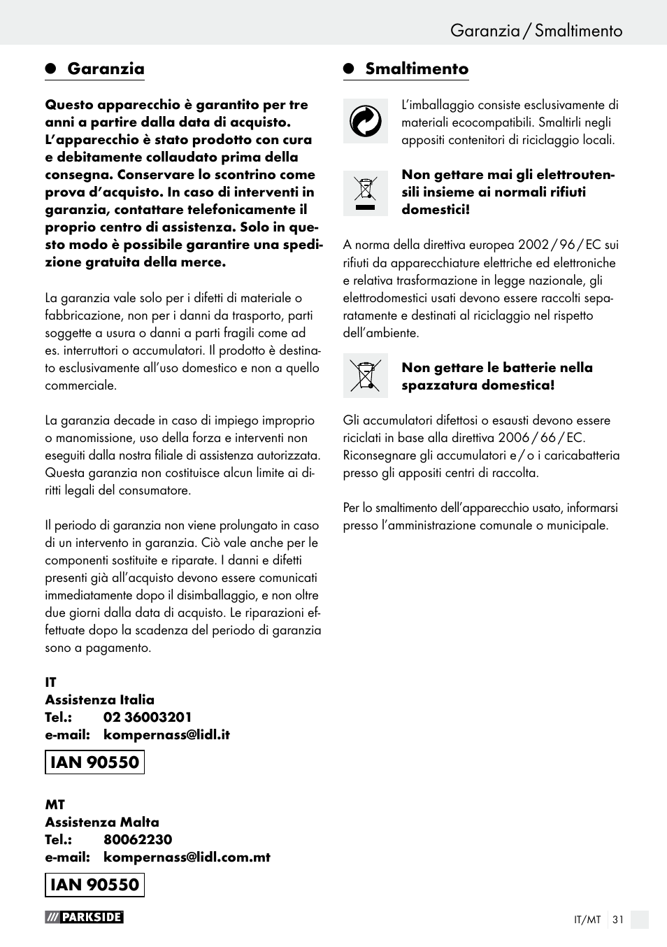 Garanzia, Smaltimento | Parkside PFBS 9.6 A1 User Manual | Page 31 / 74