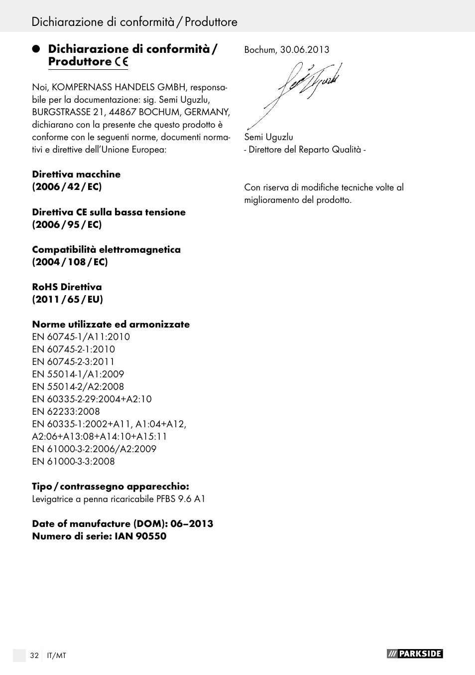 Índice dichiarazione di conformità / produttore | Parkside PFBS 9.6 A1 User Manual | Page 32 / 74