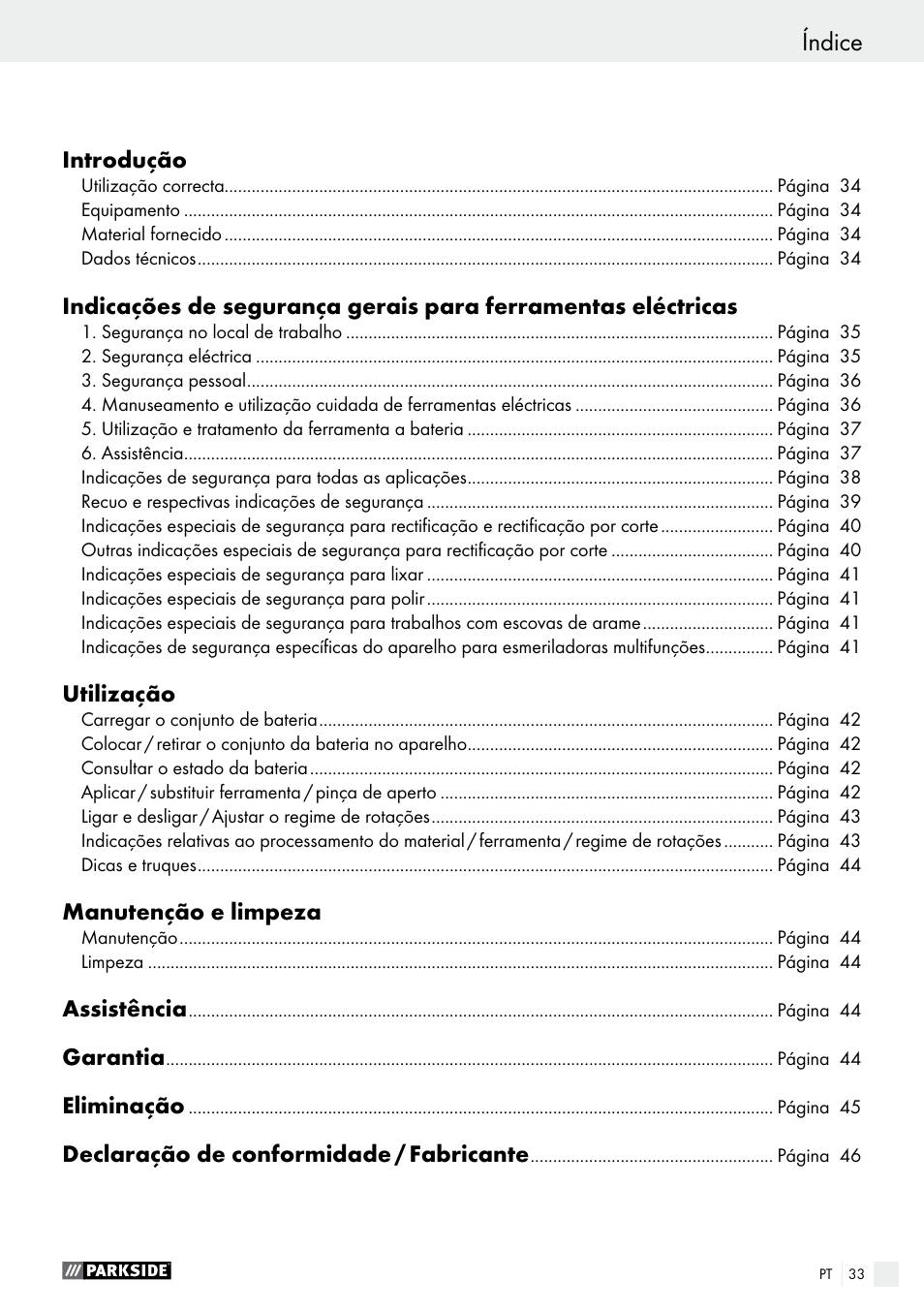 Índice dichiarazione di conformità / produttore | Parkside PFBS 9.6 A1 User Manual | Page 33 / 74