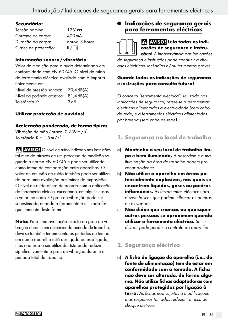 Segurança no local de trabalho, Segurança eléctrica | Parkside PFBS 9.6 A1 User Manual | Page 35 / 74